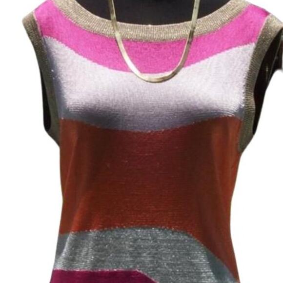 Cache Pink Orange Gold Metallic Knit Wave Tunic Top Stretch Dress New $98 NWT - Picture 2 of 11